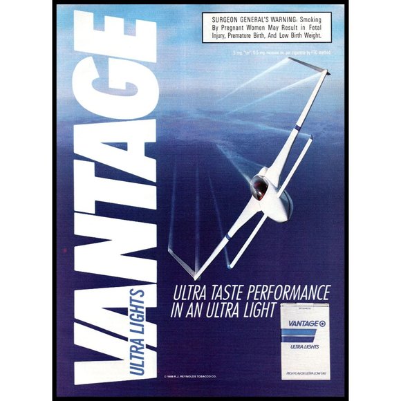 1988 Vantage Cigarettes Vintage Print Ad Ultra Light Glider Plane Ocean Wall Art - Picture 1 of 1